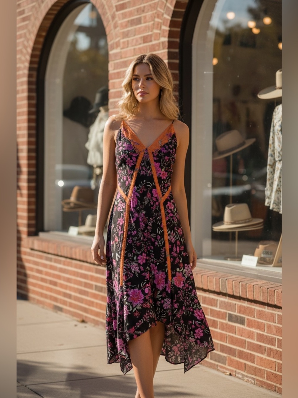 Free People Black Floral Asymmetrical Midi Dress Open Back Strappy Boho Size S